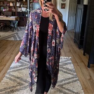 143 Story Boutique Floral Kimono with Leopard Print One Size